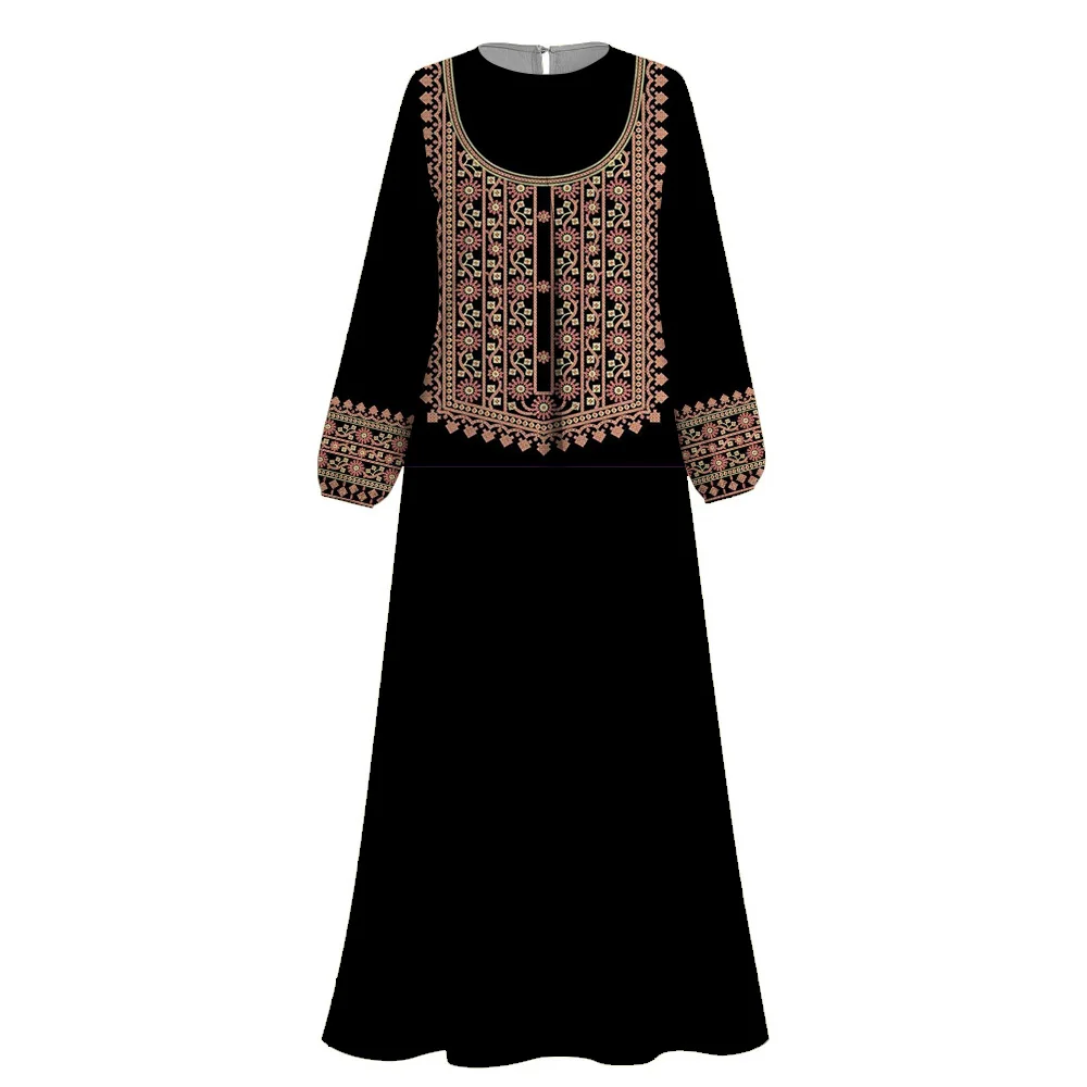 2024 Islamic Femme Abaya women Imitation Embroidery Print O-neck Abaya Muslim Dress Long Sleeves Dubai Turkey Saudi Casual Robe