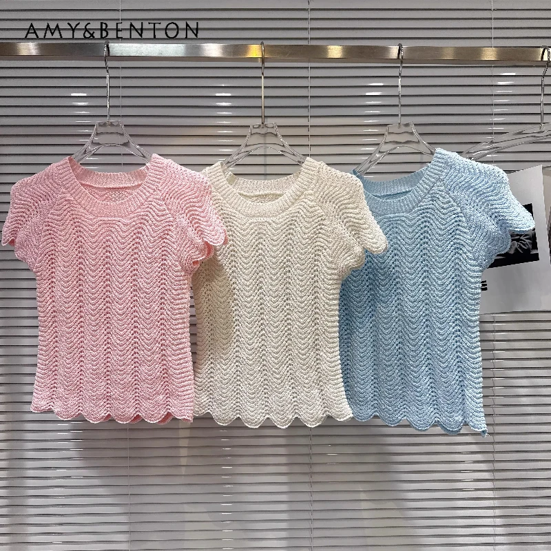 

2026 Summer New Sweet Fashion Crew Neck Women's Top Korean Solid Color Wavy Jacquard Design Short-sleeved Knitted T-shirt Ladies