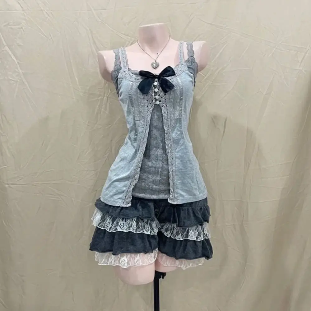 Y2k Vintage Sweet Skinny Lace Camisole Bowknot Tops High Waist Tierred Skirt Summer Slim Fitting Mini Skirt Basics 3 Piece Set