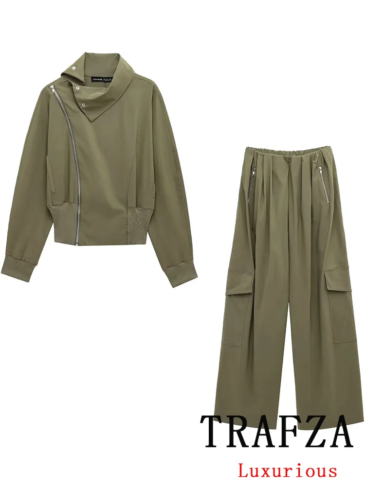 

TRAFZA Casual Chic Solid Women Suit Stand Collar Long Sleeve Jacket Loose Straight Pants New Fashion 2025 Spring Summer Suits