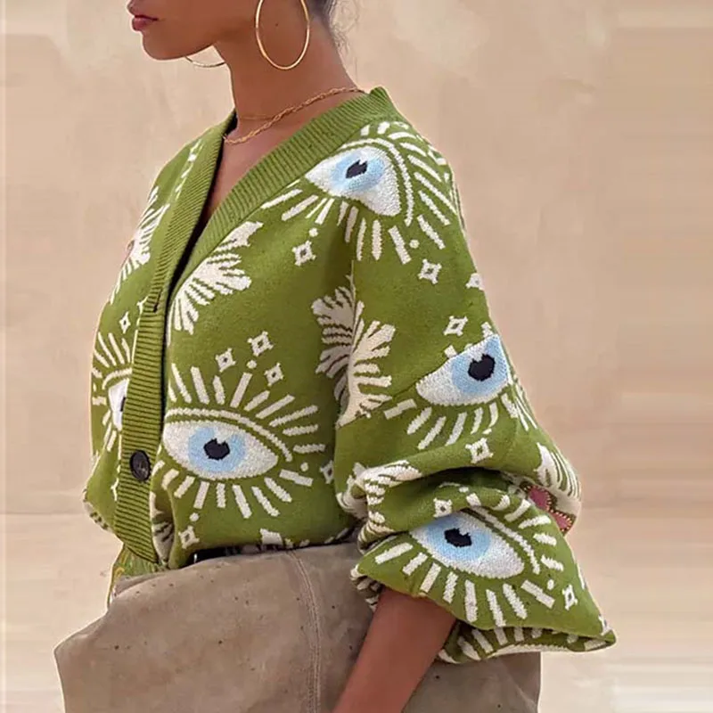 

Винтажный свитер с геометрическим принтом, кардиган, женский элегантный однобортный пиджак с v-образным вырезом, осенний свободный трикотаж с длинными рукавами, топ Mujer