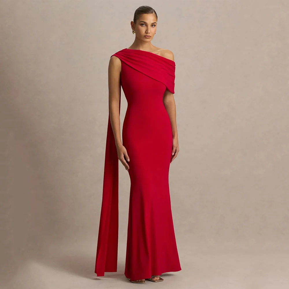 

Customized Red Wedding Guest Dresses for Women One Shoulder Mermaid Formal Party Gowns 2026 Draped Trumpet Evening Dress Long