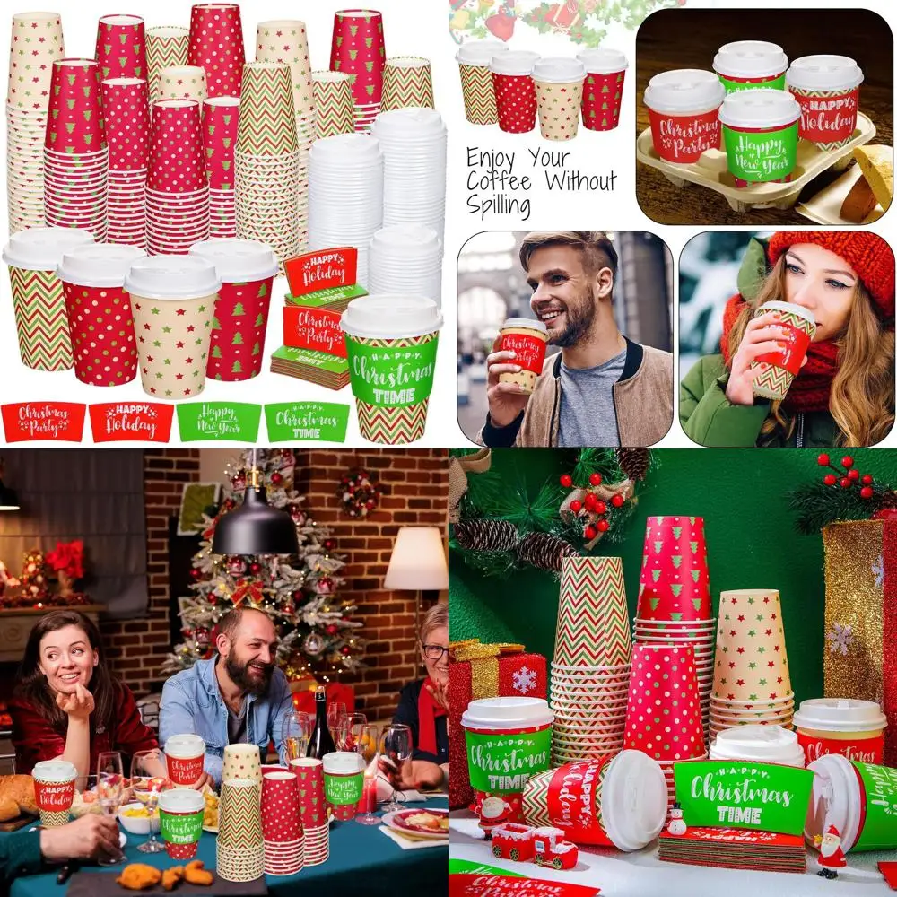 

160 наборов по 480 штук: рождественские бумажные стаканчики с крышками и вкладышами для горячих и холодных напитков, 4 дизайна - 16 унций