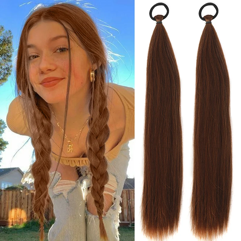 2 قطعة/المجموعة الاصطناعية الشعر ذيل حصان شعر مستعار مستقيم طويل وصلات شعر ذيل حصان مع ربطة شعر مرنة للنساء الفتيات الاستخدام اليومي #1