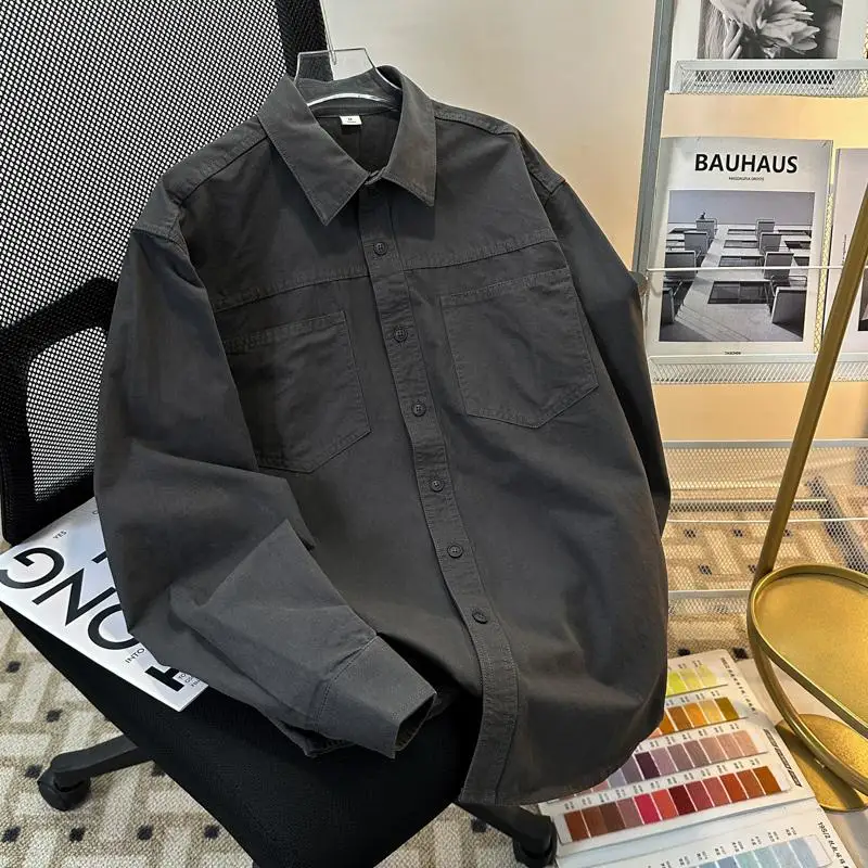 

Loose Fit Long Sleeve Workwear Shirt Jacket for Teens Pure Color with Pocket Retro Japanese Style Versatile Casual Outerwear