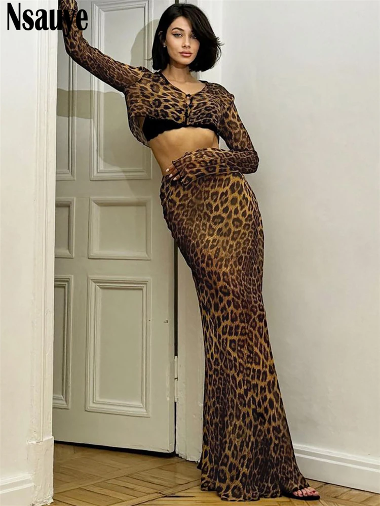 Nsauye Sexy Women Leopard Mesh Long Sleeve Beach Summer Tops Fashion Party Club Long Skirt Dress Two Piece Matching Set 2024