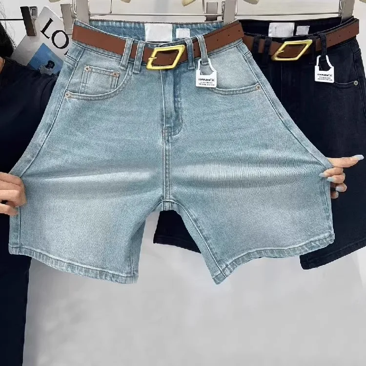 orts de Jeans de Cintura Alta Elásticos para Mulheres, Calças de Verão Slim com Pernas Retas, Calças de Cinco Pontos para C...
