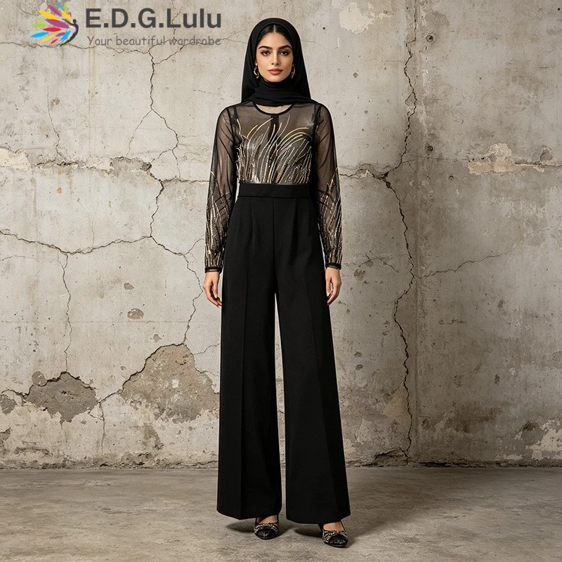 EDGLuLu  Round Neck Long Sleeved Jumpsuit Pants Woman See Through The Mesh Splicing Black One-Piece Wide Leg Pants 0509