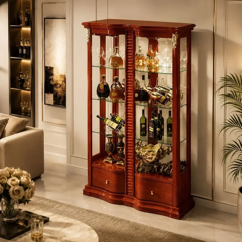 European Classical Double Door Glass Wine Cabinet Living Room Wall Display Locker Modern Medieval Home Storage Furniture