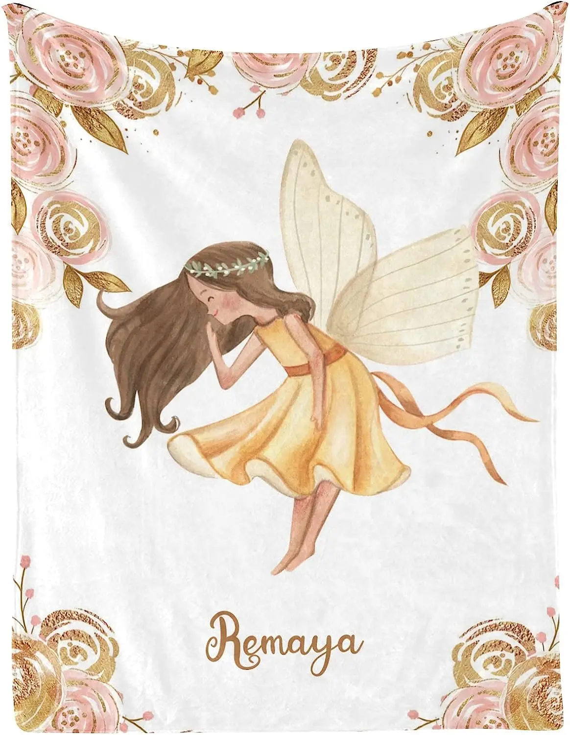 Pink Rose Fairy Girl Personalized Kid Baby Blanket Customized 30 x 40 Inch Throw with Name Text for Girl Boy Baby Shower