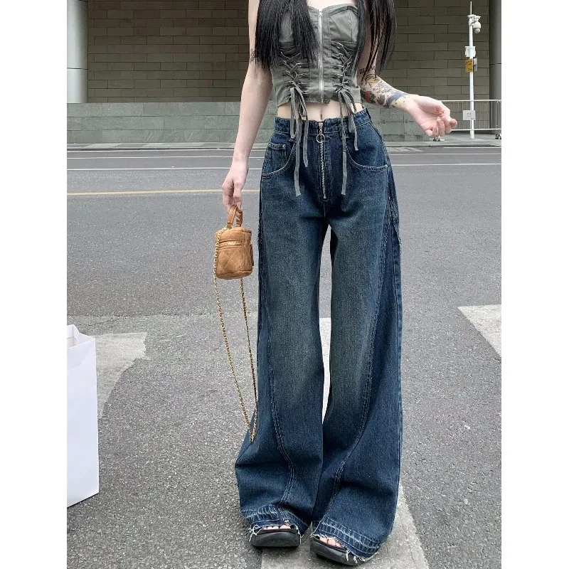 Blue High Waist Women Jeans Hip-hop Style Fashion Vintage Streetwear Y2K Wide Leg Jean 2024 Female Trouser Baggy Denim Pants