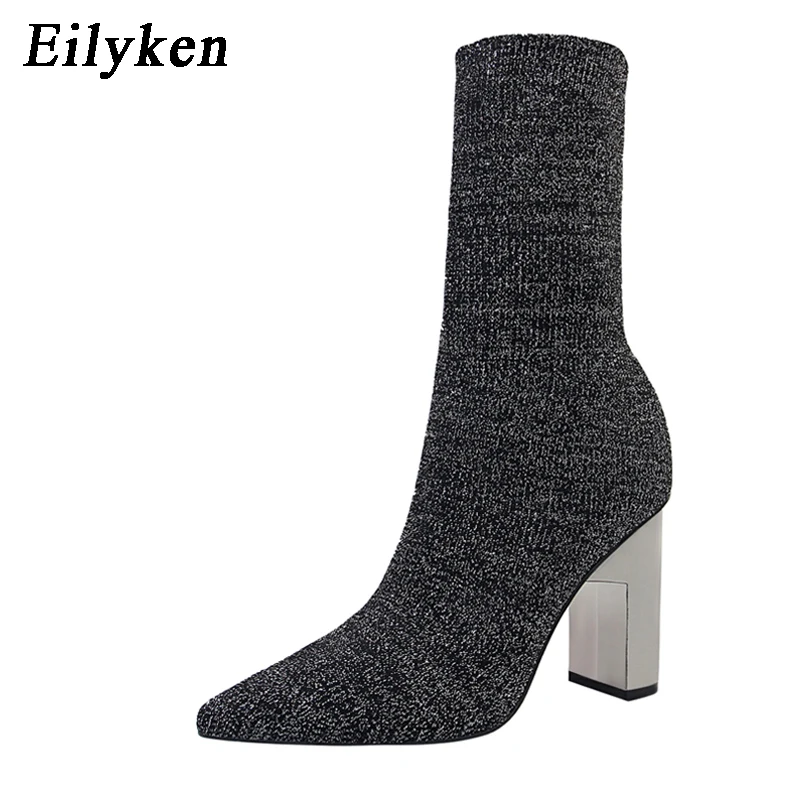 Eilyken Women Fetish Stretch Sock Boots Metal Block High Heels 9.5cm Short Ankle Boots Chunky Stripper Shoes Zapatos Mujer