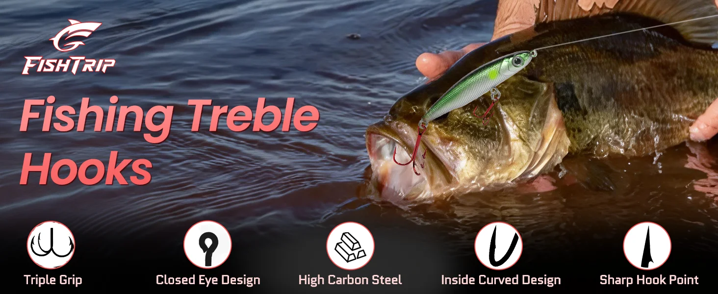 FishTrip 25 Stück Rote Dreifachhaken Scharfe Rundbogen-Angelhaken für Barsch und Forelle Rostfrei Rot Beschichtete Dreifachhaken – Detail 2