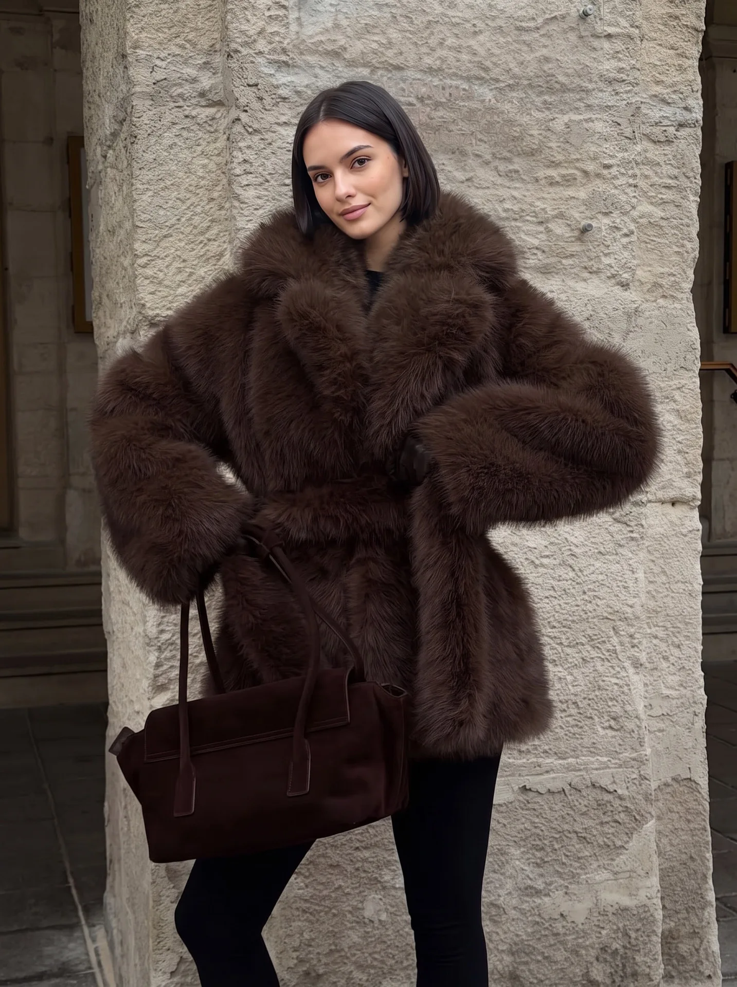 Women's Imitation Fox Fur Coat Artificial Grass Warm mid to Long Waistband Fashionable Winter Outerwear