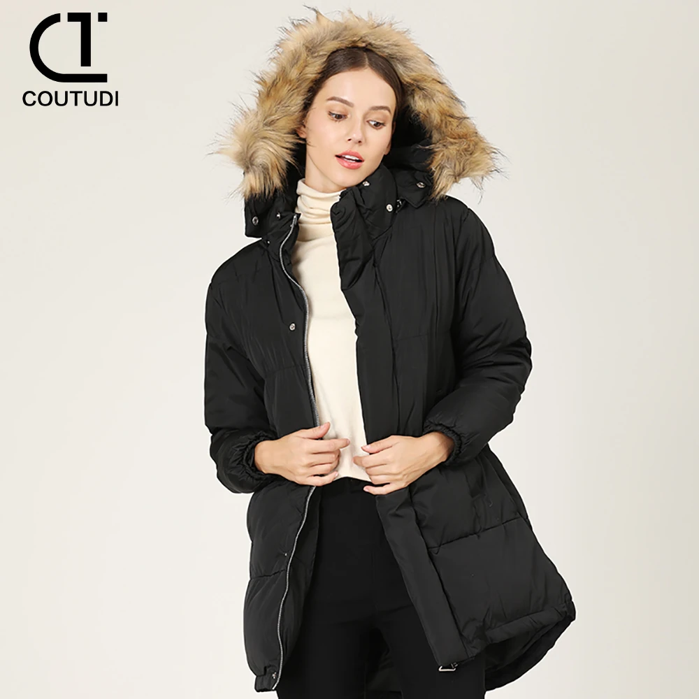 COUTUDI-Women\'s Winter Long Coats, Warm Down Cotton Jacket, Fur Collar, Hooded Parka, Overcoat, Korean Fashion Outwear, Female,