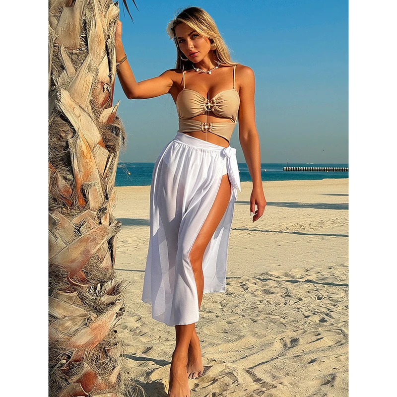 Bikini de una pieza con bloque de Color para mujer, traje de baño Sexy con falda para la playa, traje de baño de moda para vacaciones en la playa de verano
