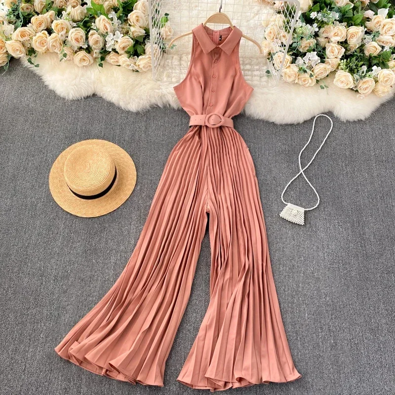 Commuter Women's European American Style Jumpsuit Women Temperament Lapel Slim Breasted Heavy-duty Pleated Wide-leg Pants UK914