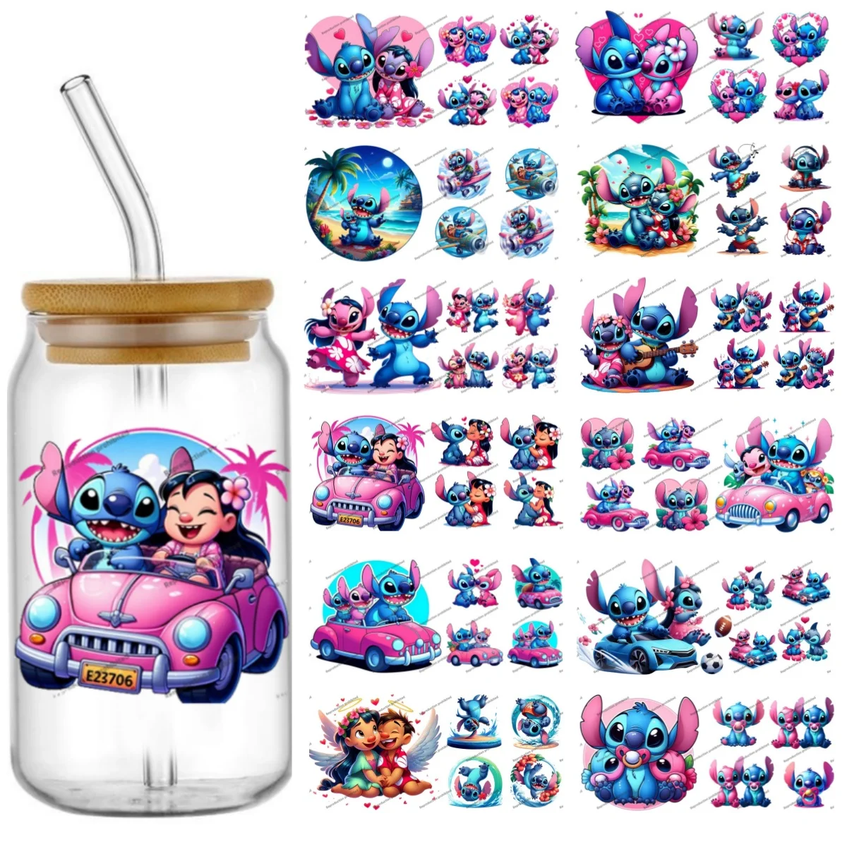 Autocollants Funko Stitch Love pour couple, faciles à décoller, imperméables, transferts 3D DIY, autocollants pour gobelets 16oz, protections UV DTF pour verres Libbey