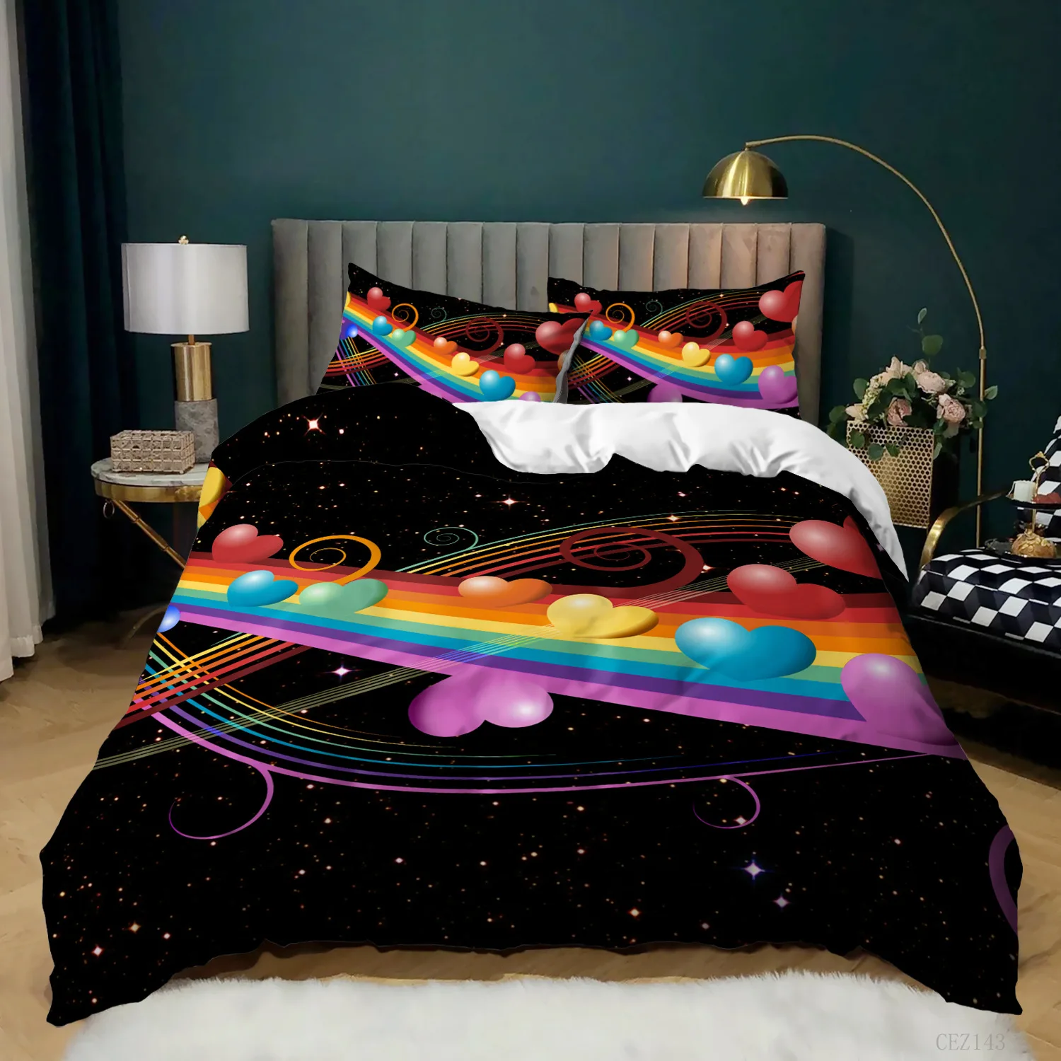 Rainbow Duvet Cover Set King Iridescent Love Heart Sheet Music Twin Bedding Set for Girls Microfiber Trippy Tie Dye Quilt Cover