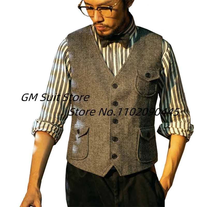 

Men's Vests Slim Fit Tweed Herringbone V -Neck Grey Jacket Business Waistcoat For Wedding Groomsmen