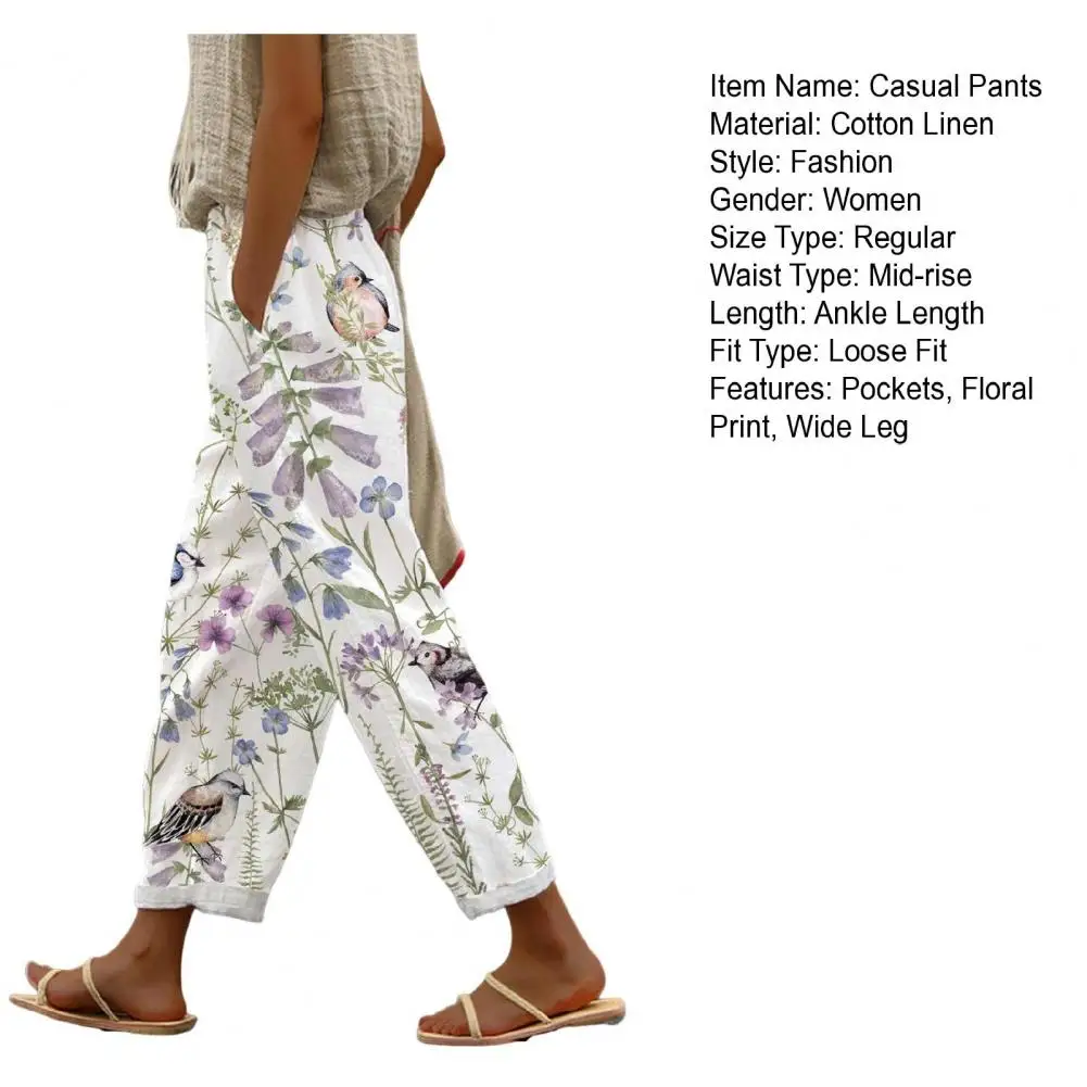 Women Casual Pants Elastic Waist Drawstring Harem Pants Digital Floral Print Beach Office Shopping Daily Long Trousers