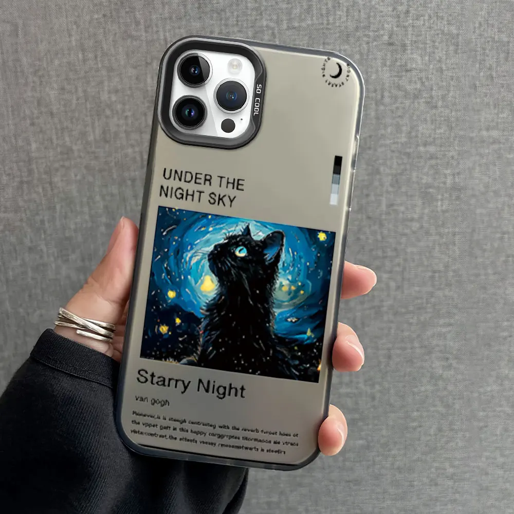 Coque de téléphone avec placage IMD pour iPhone, Vincent Van Gogh, Starry Night Black Cat Art, 12, 11, 13, 14, 15, 16 Pro Plus