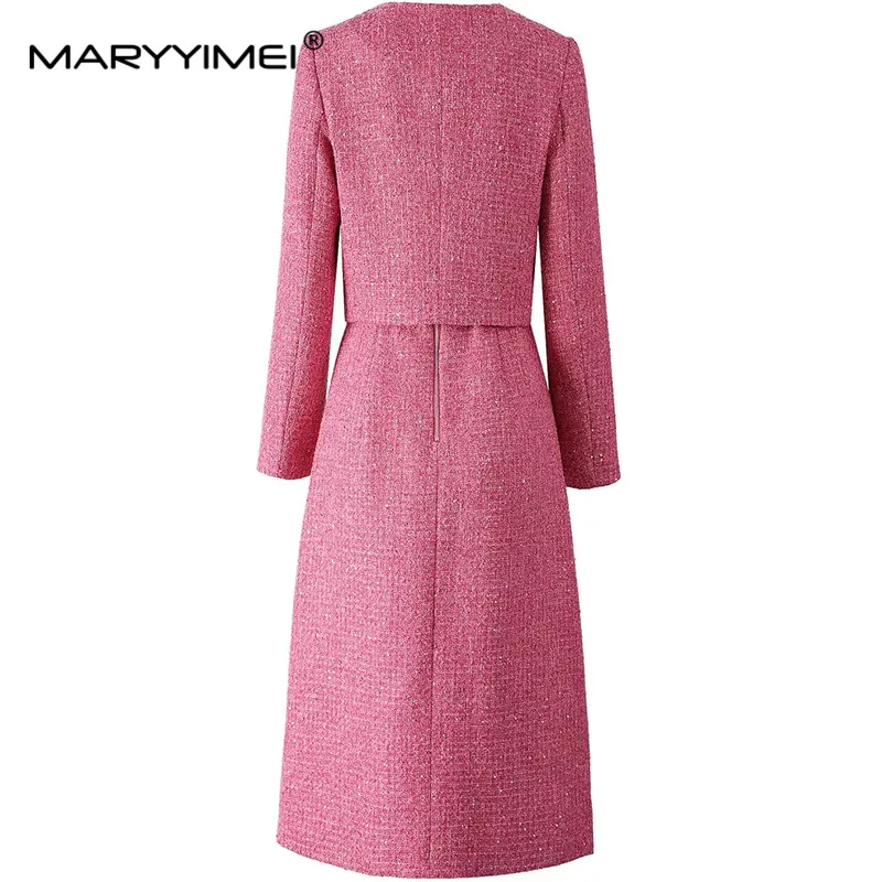 MARYYIMEI Autumn and winter Women's Suit Long Sleeved Single Breasted Tops+Square-Neck High waist Dress 2 piece set