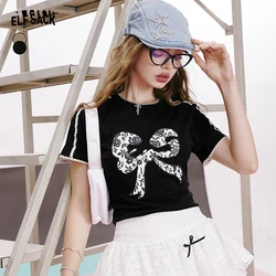 ELFSACK 2024 summer new arrival Bowknot Printed Lace Knitted Slim Breathable Stitching Straight Shoulder Short Sleeve T-shirt fo