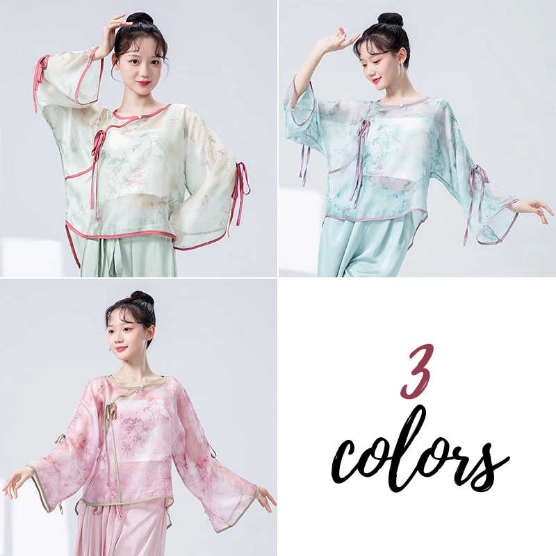 

Classical Dance Top Wide Long Sleeve Bands Tied Decor Shirt Flowy Tie-Dye Blouse Chinese Traditional Style Performance Costumes