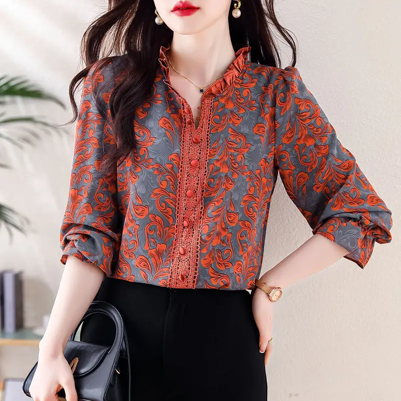 2024 New Summer Oversized High Waist Bohemian Casual Women\'s Shirt Korean Style Button Lotus Leaf Collar Long Sleeve Chic Tops