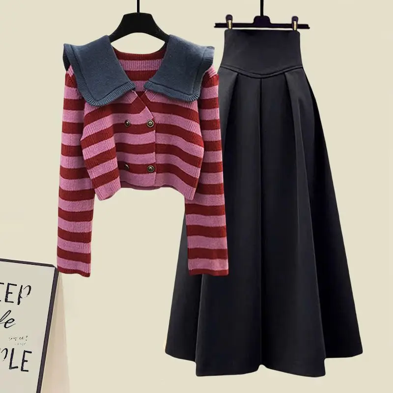 Autumn Winter Casual Outfits For Women's Fashion Retro Slim Doll Neck Striped Sweater High Waist Half Skirt Two Piece Set