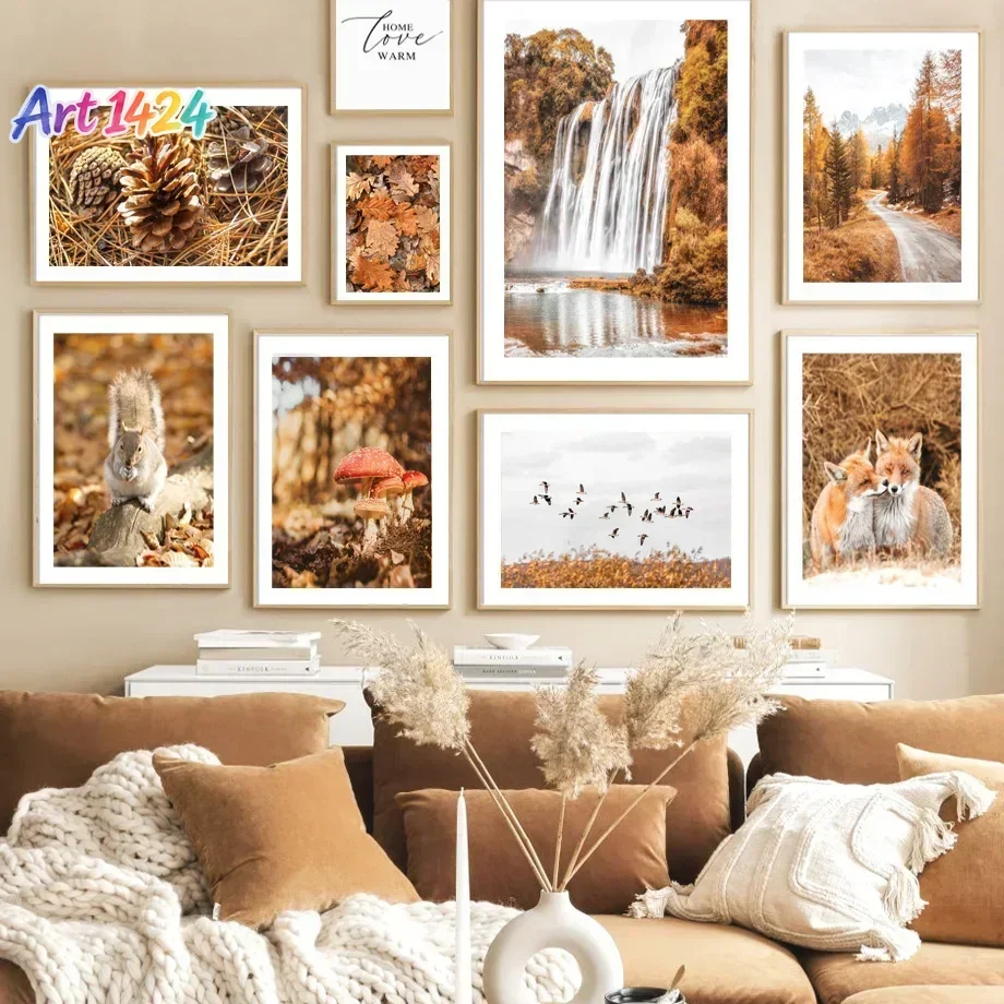 Waterfall Squirrel Hazelnut Fox Bridge Forest Road Geese Posters And Prints Wall Art Canvas Painting Pictures For Bedroom Dec