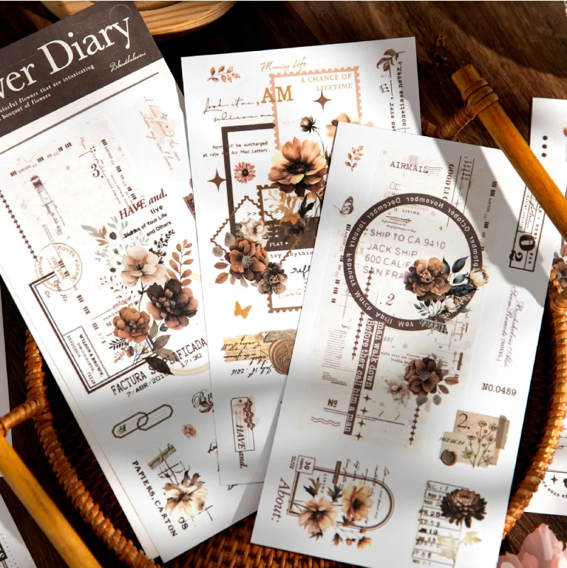 Journal GO 6pcs Flower Shadow Decorative Sticker Fresh Plant Flowers Collage Scrapbooking Label Diy Diary Journal Planner Label