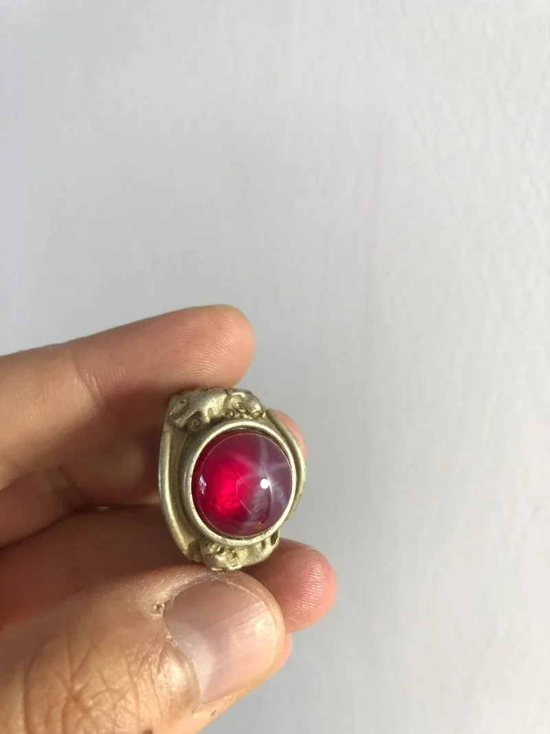 Vintage Antique Pi Xiu Wide Open Ring,Inlaid Star Ruby Cabochon,Unisex Couples Retro Thick Statement Fashion Ring