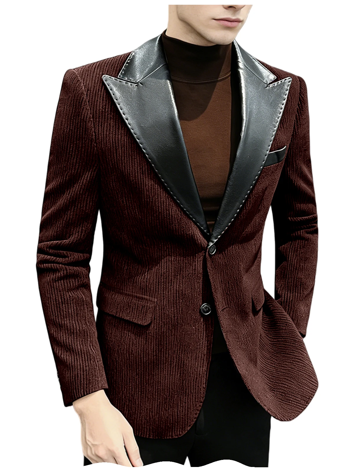 Blazer da uomo in velluto a coste stile britannico Giacca monopetto di alta qualità Cappotti impiombati con collo in pelle PU moda