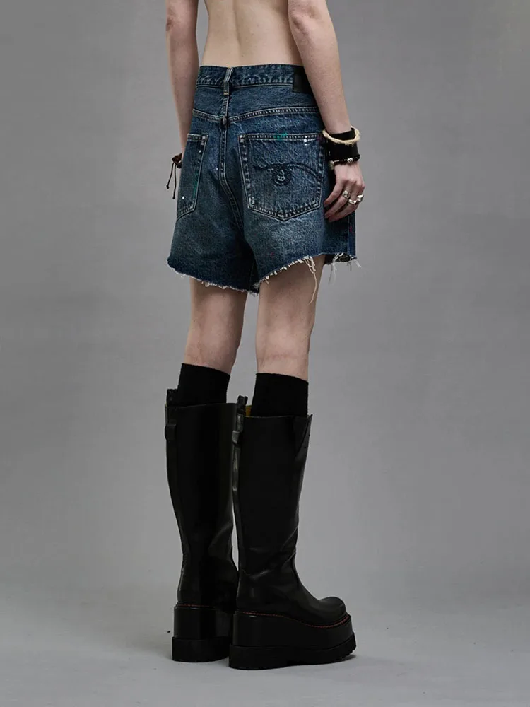 pants y2k spring and summer ink dot graffiti do old burlap asymmetric Denim shorts2024korean fashion high waist casual shorts