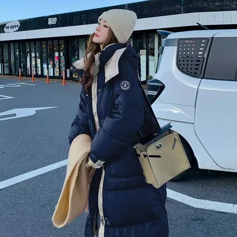 

White Duck Down Jacket Women's New Over Knee Loose Thick Hoodie Puffer Overcoat 2025 Winter Female Windproof Snow Pike Coats