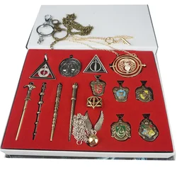 Harry Potter Time Turner klepsydra metalowa plakietka broszka zestawy pierścionków Quidditch magiczna różdżka magiczny kamień brelok naszyjnik pudełko prezent