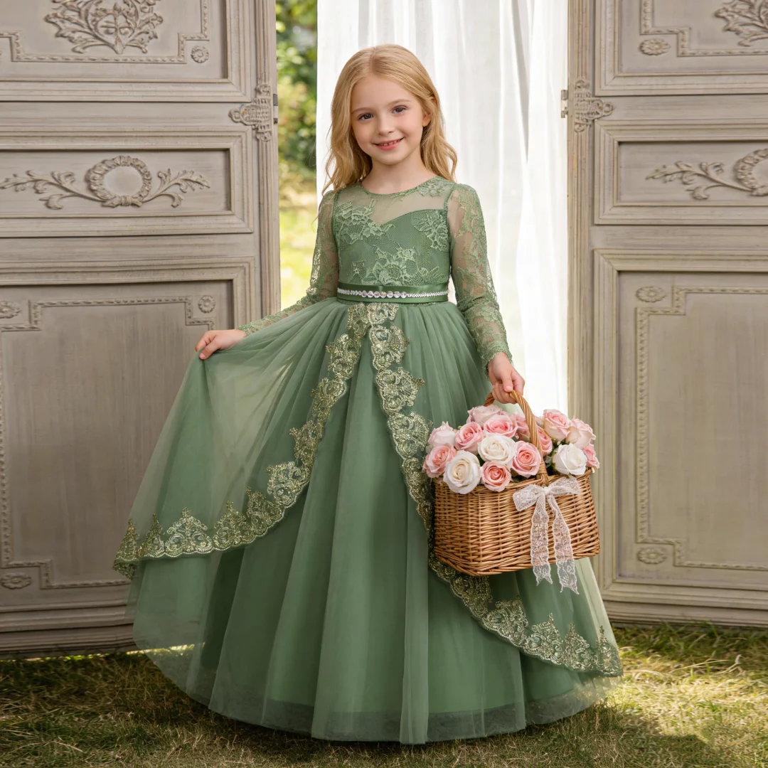 Kids white long sleeve lace elegant girls princess dress light with sequins and lace details dance dress perfect for birthdays