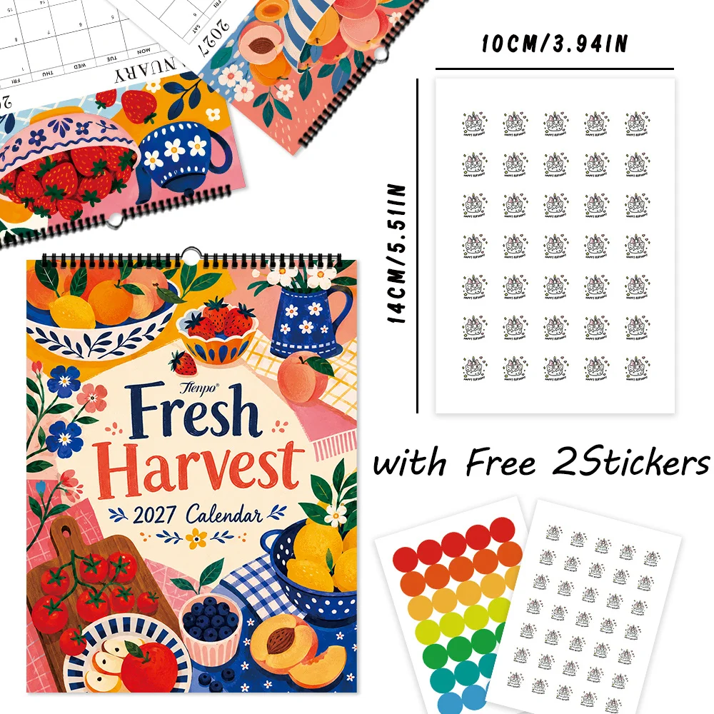 1pc 2027 Vintage Tableware Fruit Wall Calendar,12‑Month Planner,Gift For ,Christmas,Halloween,New Year,Free Stickers Included