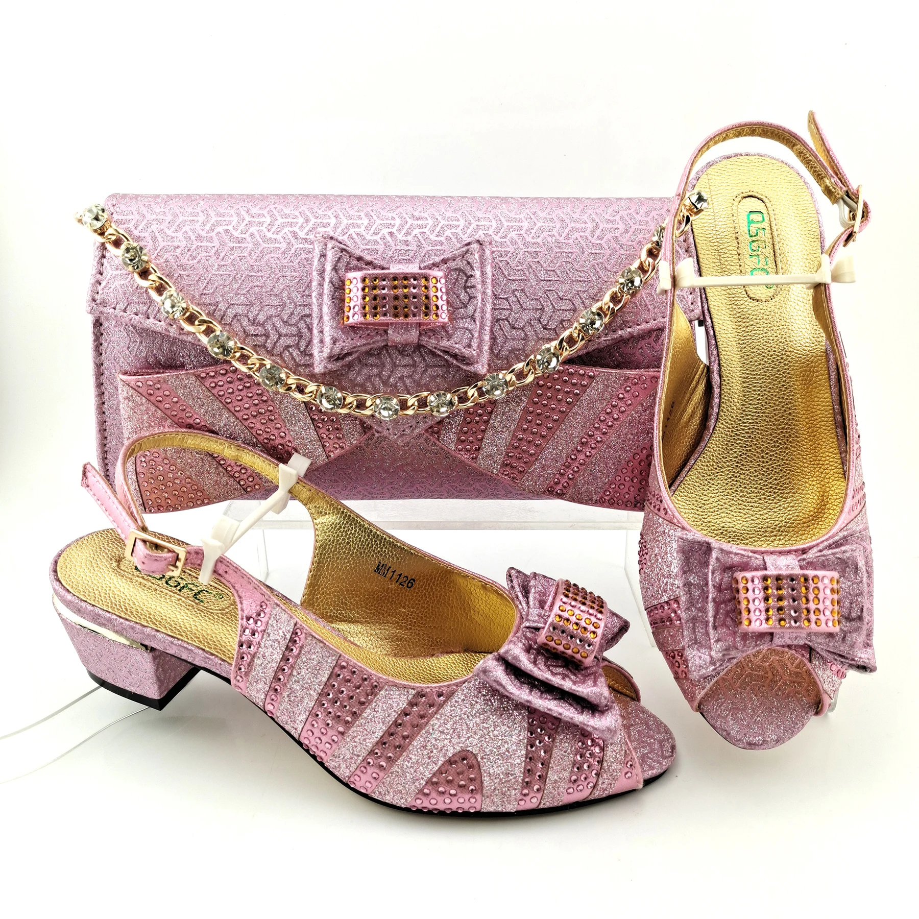 

QSGFC Italian Design Nigerian Lastest Party Pink Color Ladies Shoes and Bag Set Decorated With Narrow Band For Women Heel