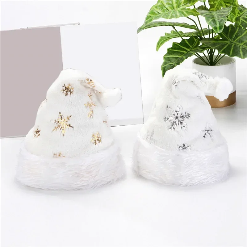 White Soft Plush Christmas Hat Party Snowflake Santa Hats White Xmas Decoration Hat  New Year Decoration Holiday Party Supplies