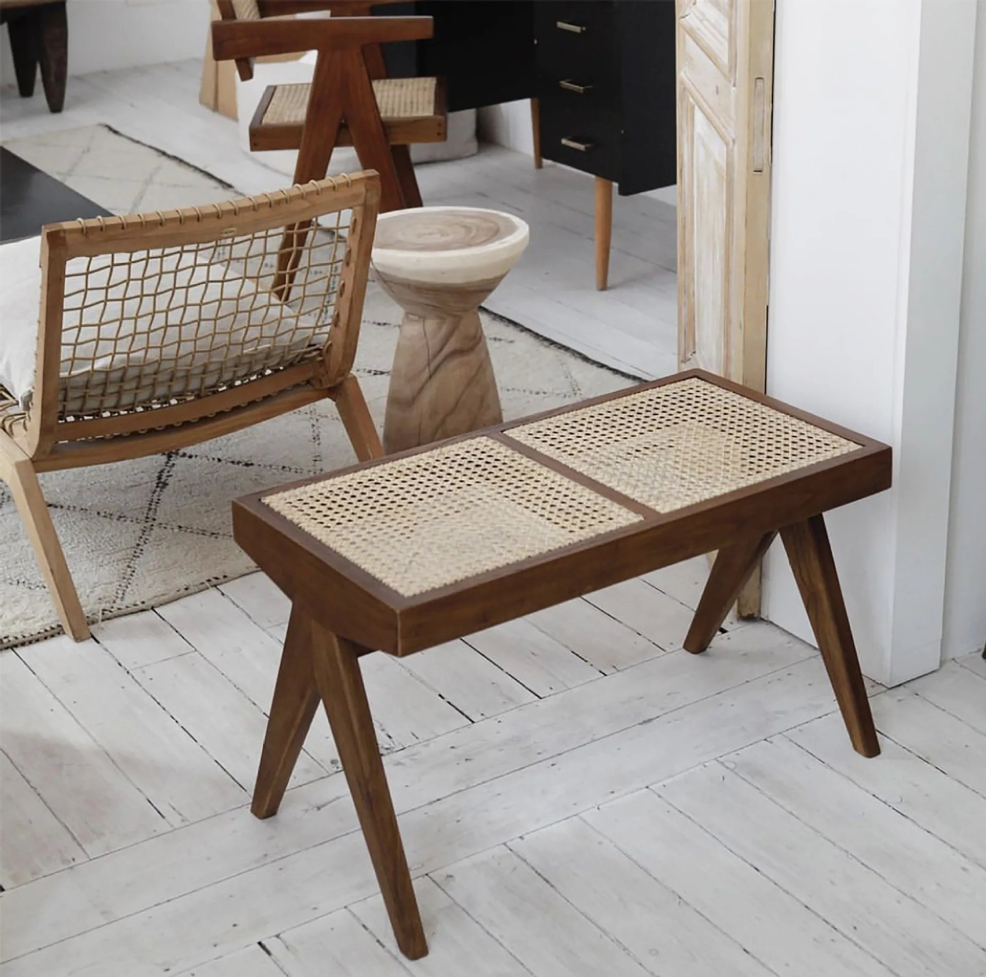 Japanese medieval solid wood rattan square stool bench living room dining room homestay home