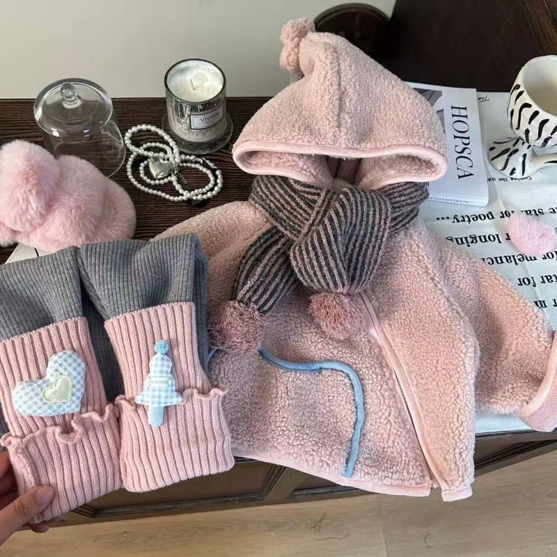 

Kids Girls Winter Three-piece Set Hooded Thicken Warm Toddler Girls Wool Jacket+cartoon Knit Infant Girls Leggings+striped Scarf