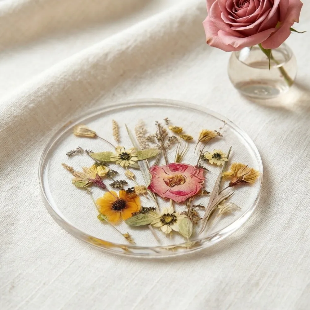 

Durable Round Acrylic Coasters Colorful Sweet Floral Print Coasters Transparent Insulation Pad Tea Table