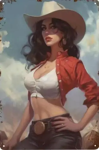 COW GIRL METAL TIN SIGN SEXY PIN UP GIRL RED TOP AND WHITE COWBOY HAT BARN DECOR sign sign