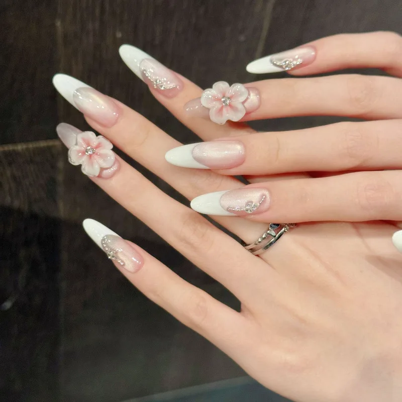 

10Pcs Handmade Press on Nails 3D Carved French Cat's Eye French Nail Art for Women&Girl Medium Oval Detachable Wearable Nail