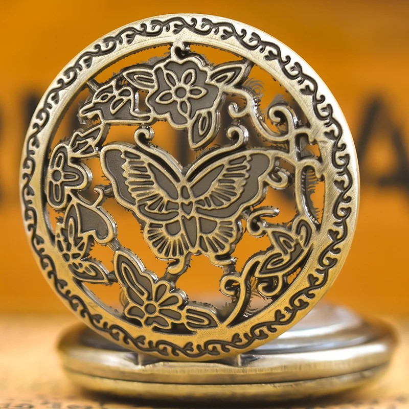 خمر انقطاع صدفي البرونزية الفراشة والزهور نحت الأزياء قلادة كوارتز ساعة الجيب الملحقات