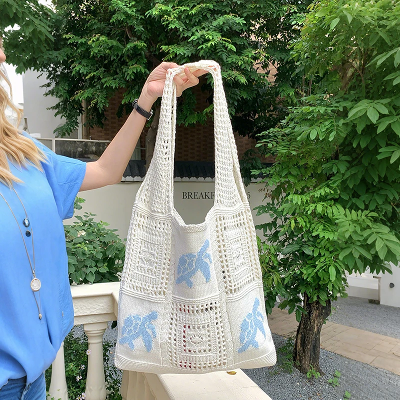 White Hollow Crochet Knit Tote Bag with Light Blue Floral Pattern Large Capacity Shoulder Shopping Bag Aesthetic Summer Beach Handbag