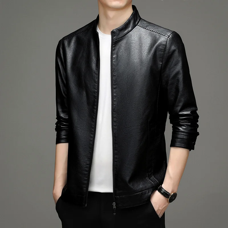 and Spring autumn Haining men's leather clothes thin middle-aged and young people's stand collar leather jacket casual coat